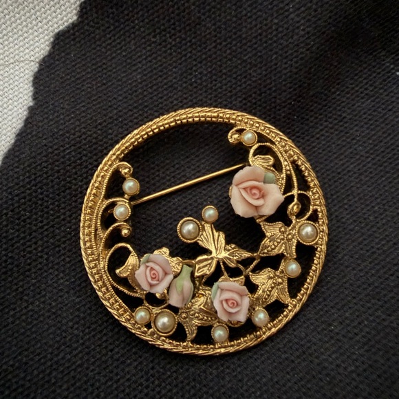 Gold Floral Porcelain Rose Brooch with Pearl Accents - Women Jewelry - Picture 6 of 7